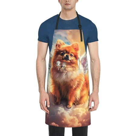 

Qekee Cute Cloud Pomeranian Print Waterproof Apron with Pockets Adjustable Cooking Aprons Kitchen Bib for Baking Household Cleaning