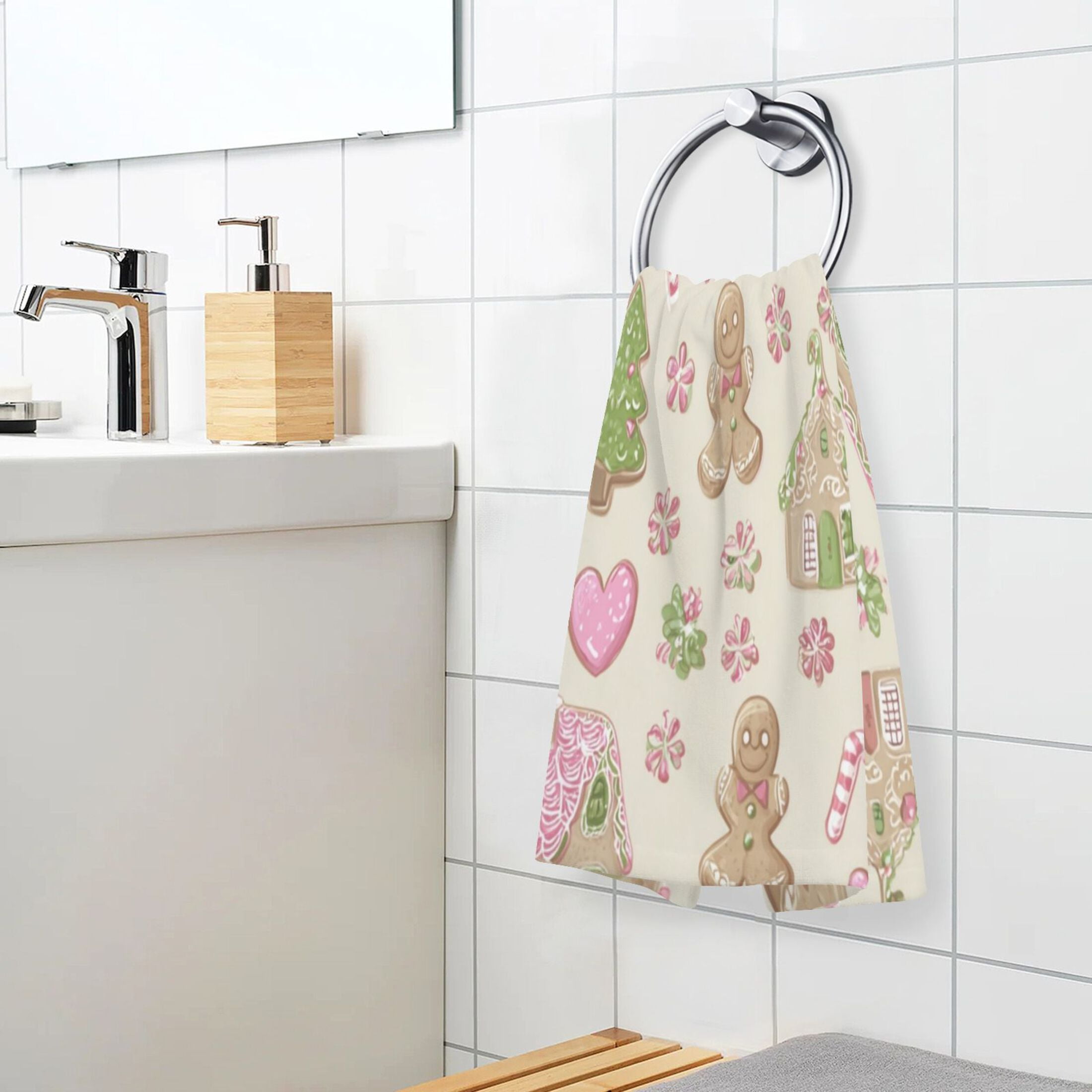 2 Pcs Hand Towels Sets Pink Cute Christmas Pattern Cotton Towel Set Absorbent Face Towel for Bathroom Kitchen Shower Hotel Decor