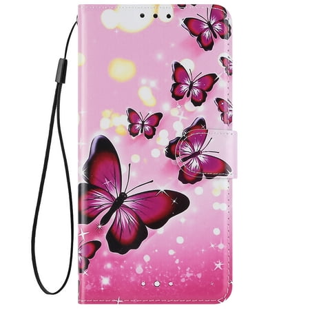 Hpory for Huawei P Smart 2019/Honor 10 Lite Gradient Pink Flying Butterfly Painted Leather Case with Lanyard