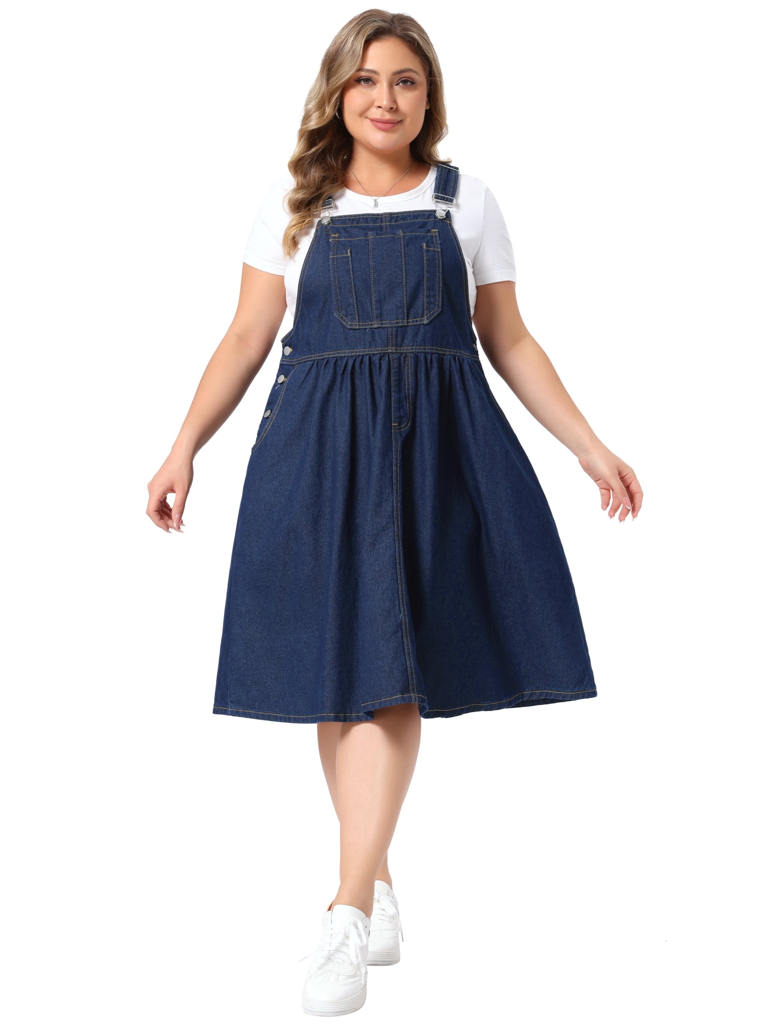 DARING DIVA Women's Plus Denim Overalls Jumper Jean Midi Dress 1X Black Blue