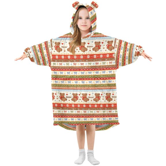 Wearable Blanket Hoodie Oversized Blanket Hoodie for Boys Girls Teens 3-14YR Bow Bear