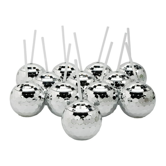 Fun Express 20 oz. Bulk 18 Count Disco Ball-Shaped Reusable Plastic Cups with Straws