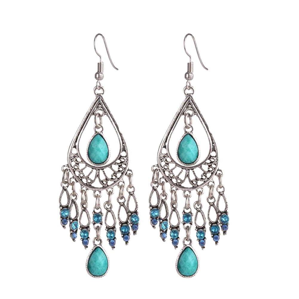 Silver chandelier drop earrings with teal tassel