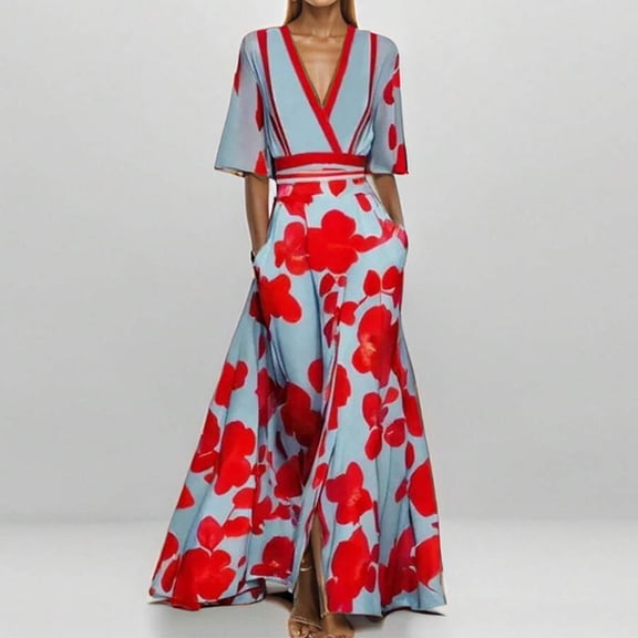 Floral Print V-Neck Wrap Maxi Dress With Belt 28480-Red