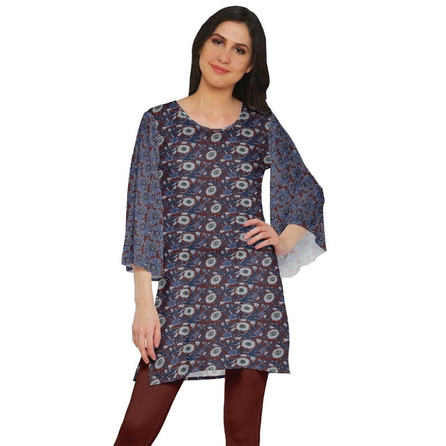 Moomaya Kurtis Courtes en Poly-Crêpe pour Femmes, Robe à Manches Kimono Imprimée, Haut Indien