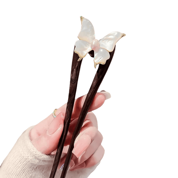 Handmade Wooden Hair Pin – U-Shaped Hair Fork with Natural Seashell Butterfly Design, French Hair Pins Clips for Women, Elegant Pearl Accent for Updos & Bun Styling 1P