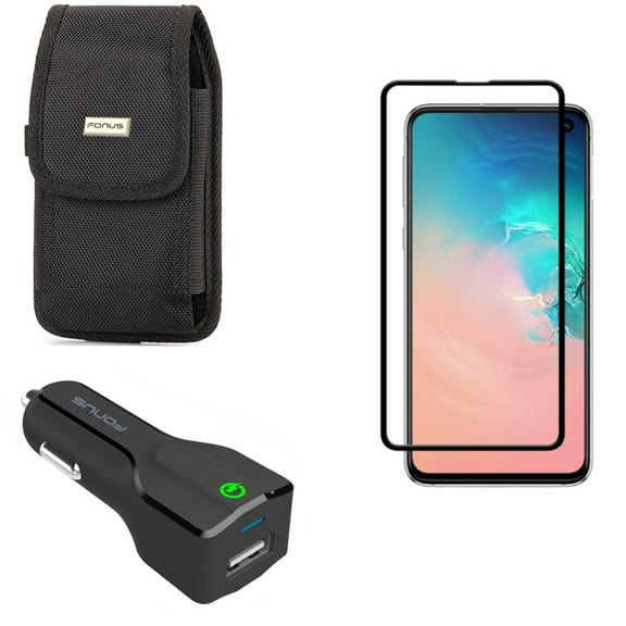 Galaxy S10e Car Charger w Case Belt Clip w Screen Protector - Fast 18W USB Port Power, Swivel Holster Rugged, Tempered Glass 5D Curved Edge for Samsung Galaxy S10e Phone