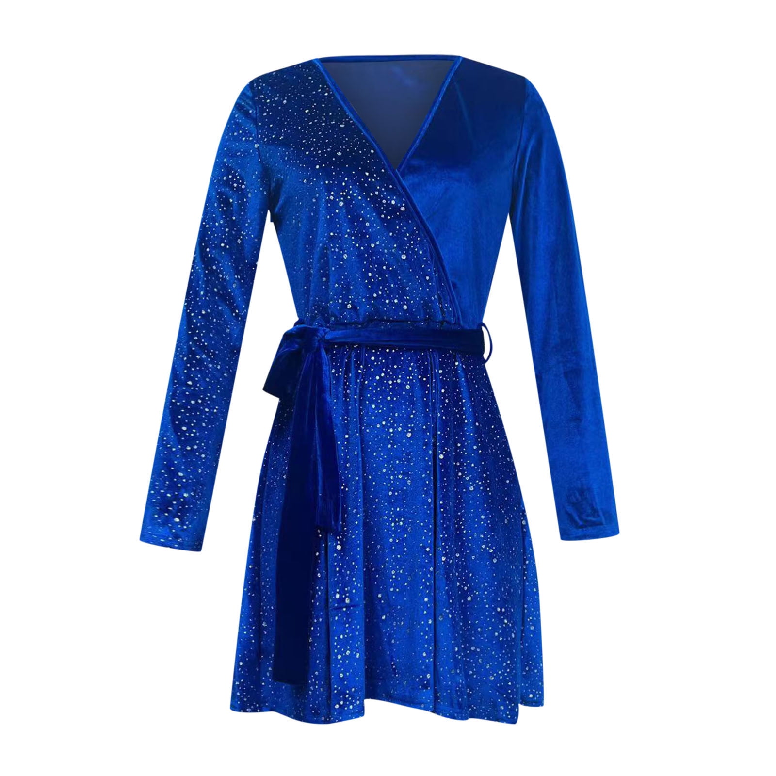 OSFVNOXV Velvet Dress for Women Rhinestone Glitter Sparkly V-Neck A-Line Ruffle Swing Mini Dress