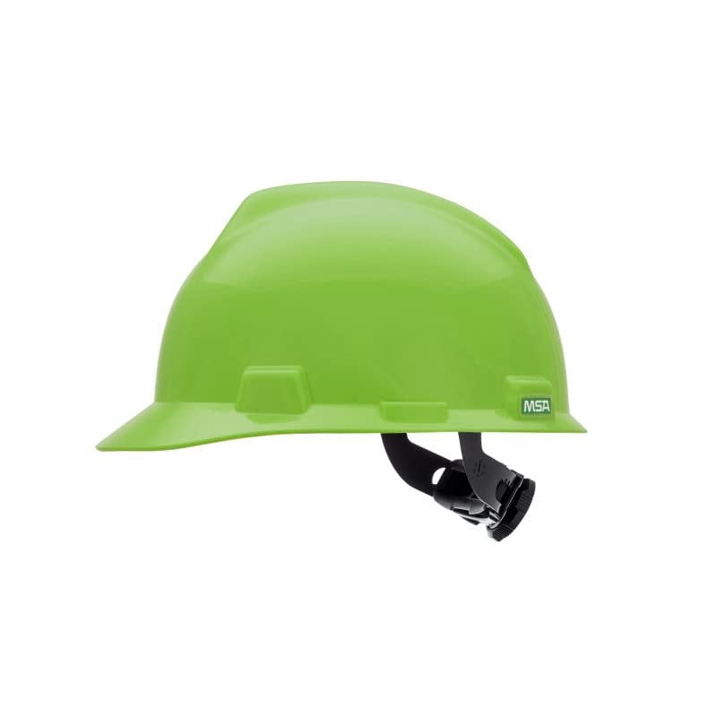 MSA 815565 V-Gard Cap Style Safety Hard Hat With Fas-Trac III Ratchet Suspension  Polyethylene Shell, Superior Impact Protection, Self Adjusting Crown Straps - Standard Size in Bright Lime Green