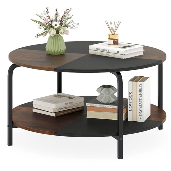 Furnibear 2-Tier Round Coffee Table with Storage Shelf, Metal Frame Coffee Table with Raised Legs for Living Room, Rustic Brown