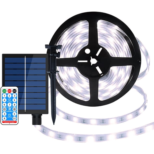Tira LED Solar para Exteriores 10M 240LED Tiras LED Solares Cortables a Prueba de Agua 8 Modos Tira de luz con Control Remoto para jardín Terraza Fiesta de Bodas navideñas (Blanco) Blanco