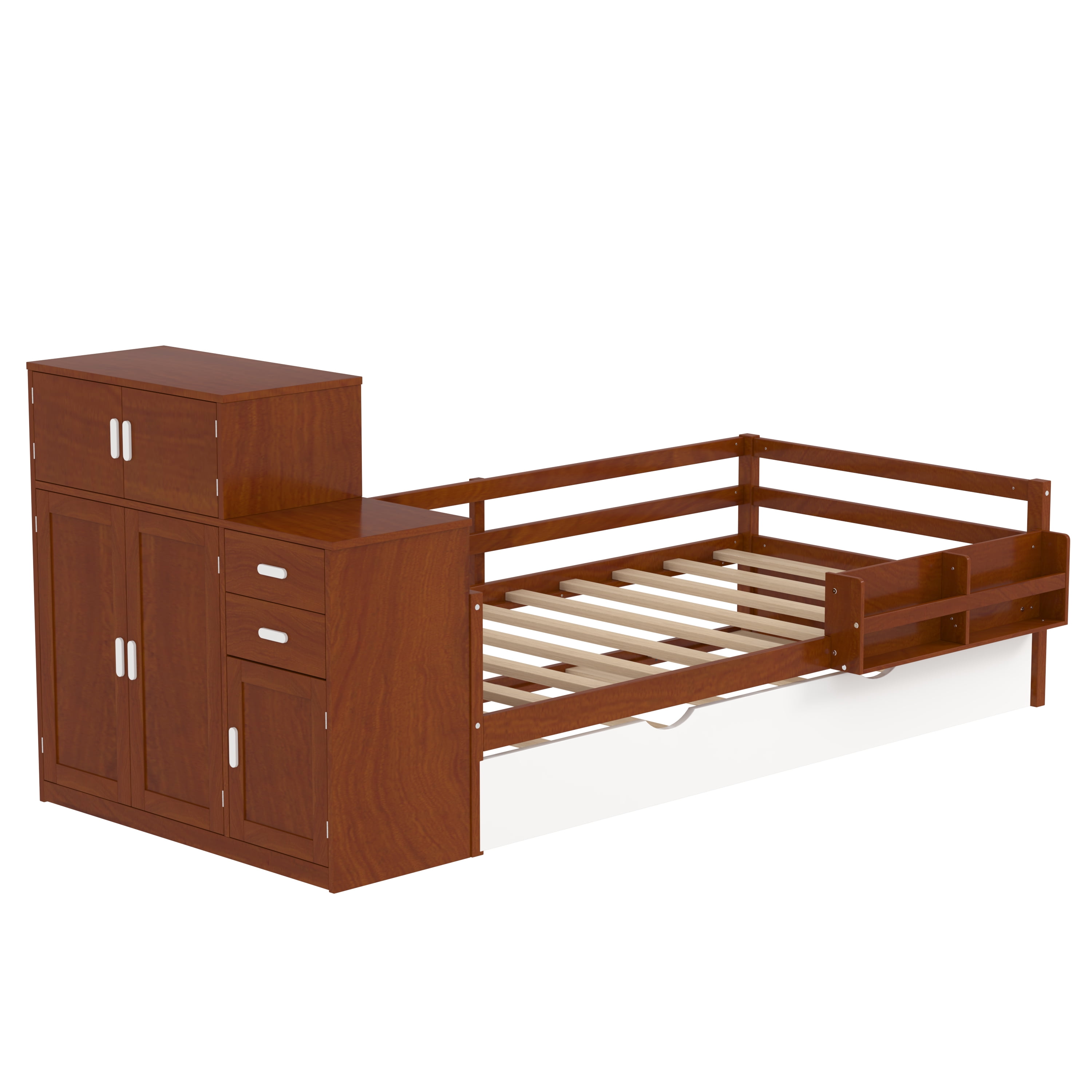 Euroco Wood Twin Size Daybed with Trundle, Storage Bed with Bookcase and Wardrobe, Walnut