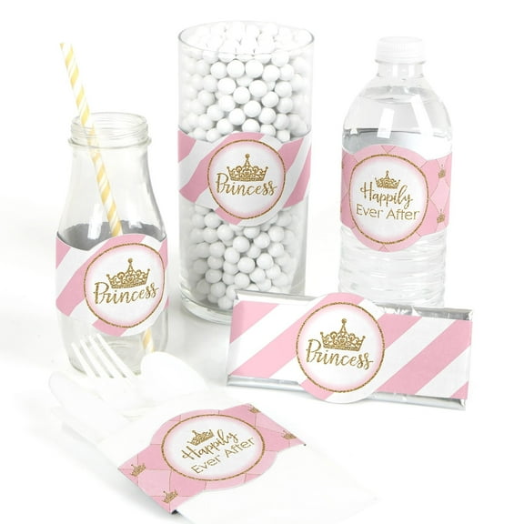 Big Dot of Happiness Little Princess Crown - DIY Party Supplies - Pink and Gold Baby Shower or Birthday Party DIY Wrapper Favors & Decor - Set of 15