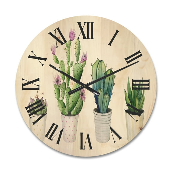 Designart 'Aloe Vera Cactus Succulent Home Plants In The Pots' Farmhouse Wood Wall Clock
