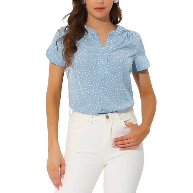 INSPIRE CHIC Blouse à Pois pour Femmes de la Saint-Valentin Col en V Manches Courtes à Porter au Travail TP Bleu Clair