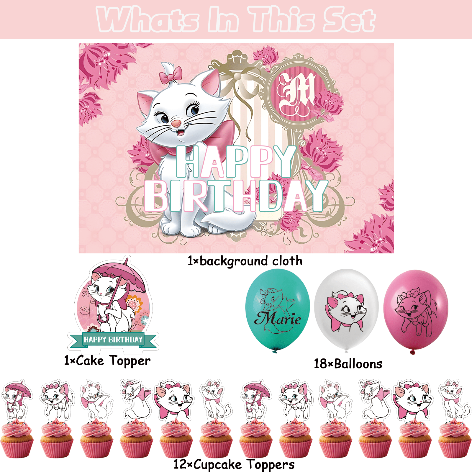 32 Pcs For Marie Aristocats Cat Theme Birthday Party Decoration Set - Includes Happy Birthday Backdrop Decorations, Cupcake Toppers, and Balloons for Kids’ Celebrations