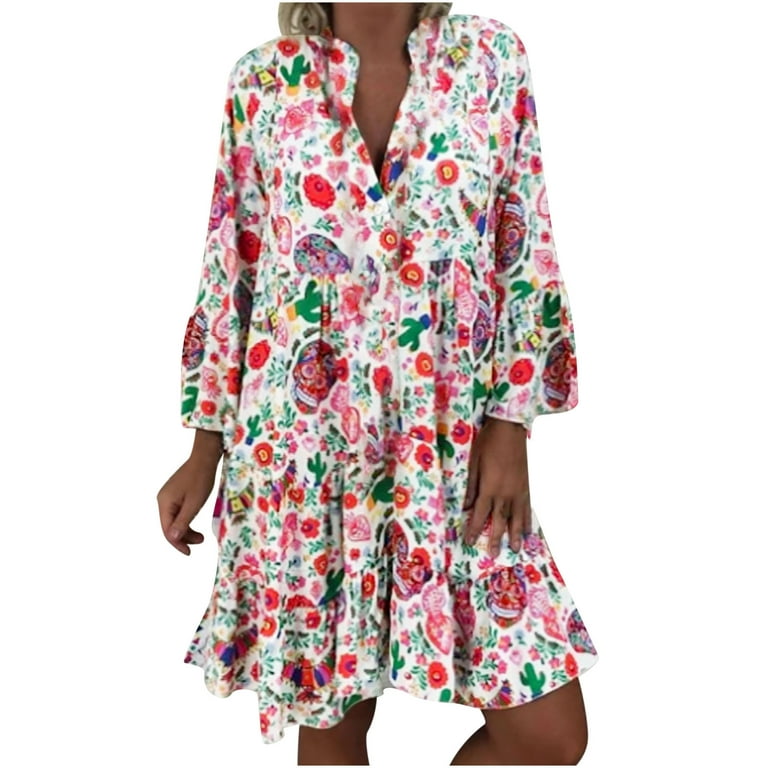 Plus Size Boho Dress for Women V Neck Lace Tassel Dress Vintage Floral  Print Dress Ruffle Hem Flowy Tshirt Dresses Midi 