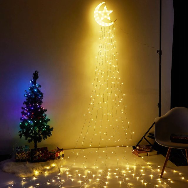 Guirnalda de luces LED con temporizador para exteriores, iluminación con 8 modos, 350 luces LED en cascada para árbol de Navidad con adorno, Luna y estrella