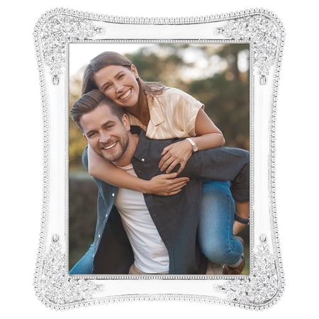 REGALWOVEN Plated Picture Frame with Crystal for Wedding Shiny with Clear Glass Photo Frames for Tabletop Decor Silver and White 7x10