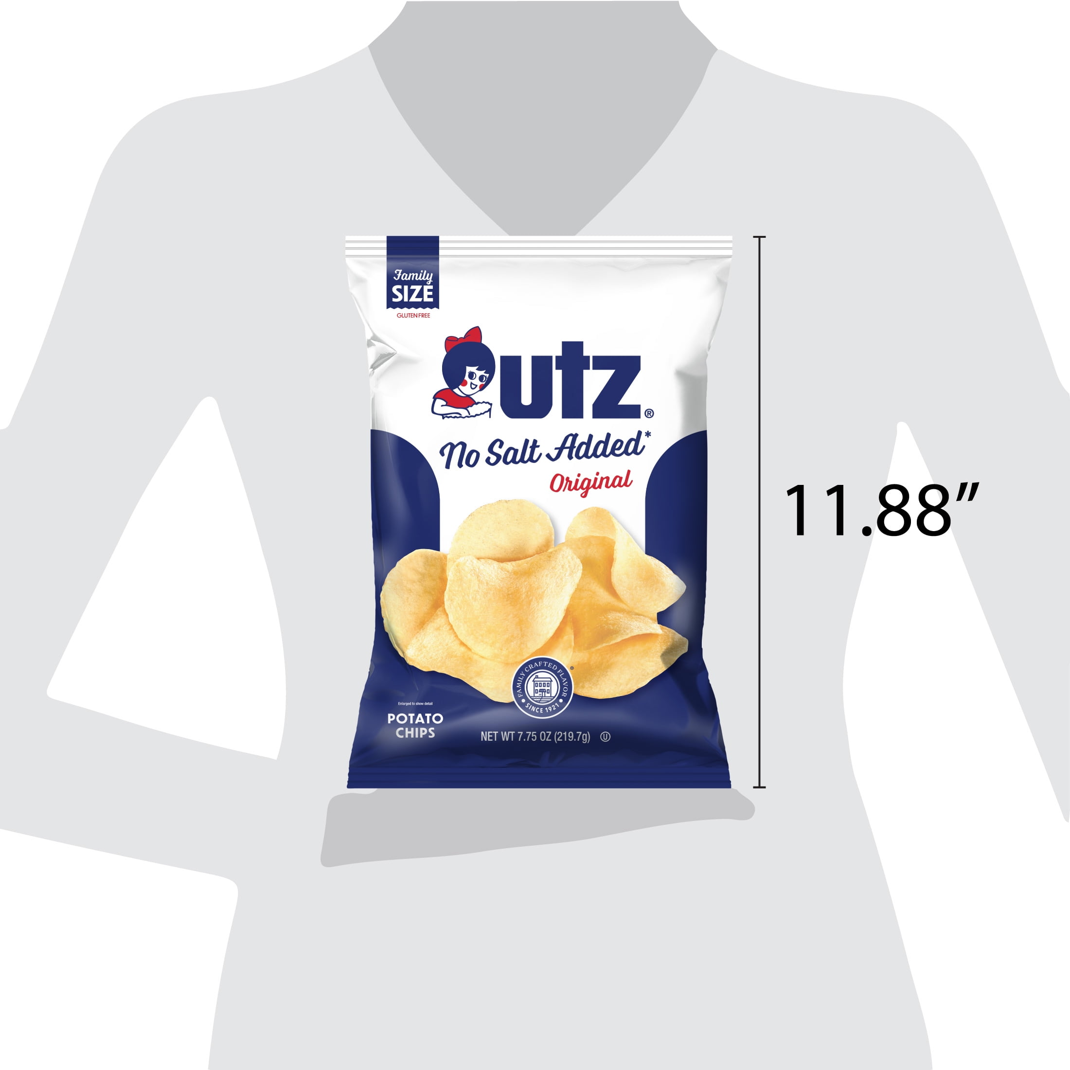 Utz No Salt Added Original Potato Chips, Gluten-Free, Family Size, 7.75 oz Bag