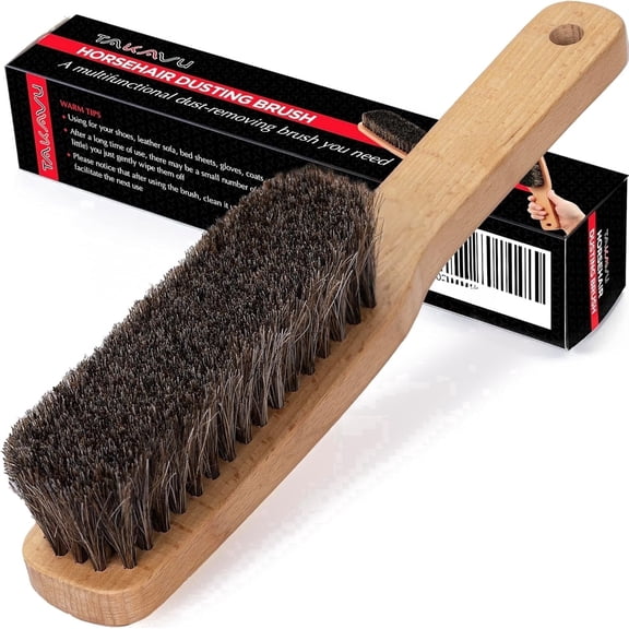 TAKAVU 10.2-inch Horsehair Hat and Clothes Brush, Long Handle Soft Bristle Wardrobe Cleaner, 1-Pack