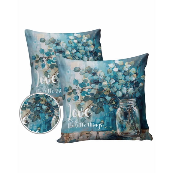Pack of 2 Outdoor Pillow Covers, Teal Blue Eucalyptus Branch Glass Vase Oil Painting Waterproof Square Throw Pillowcase Cushion Decorative Pillow Covers for Couch Patio Tent, 20x20 in