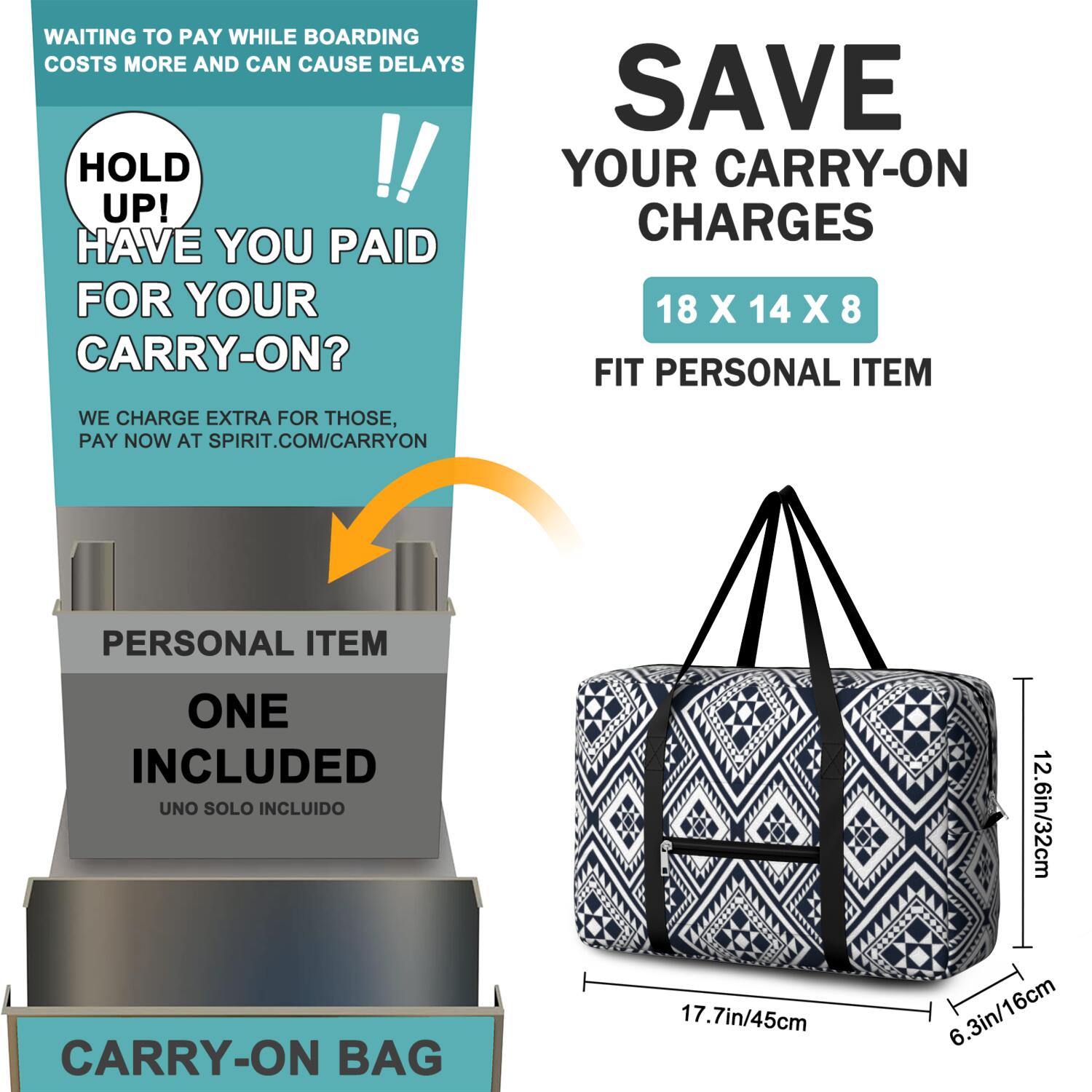 For Spirit Airlines Personal Item Bag 18x14x8 Inch, Boho Weekender Travel Bag, Foldable Travel Duffel Bag Underseat Carry on Bag with Luggage Sleeve for Women and Men 30L