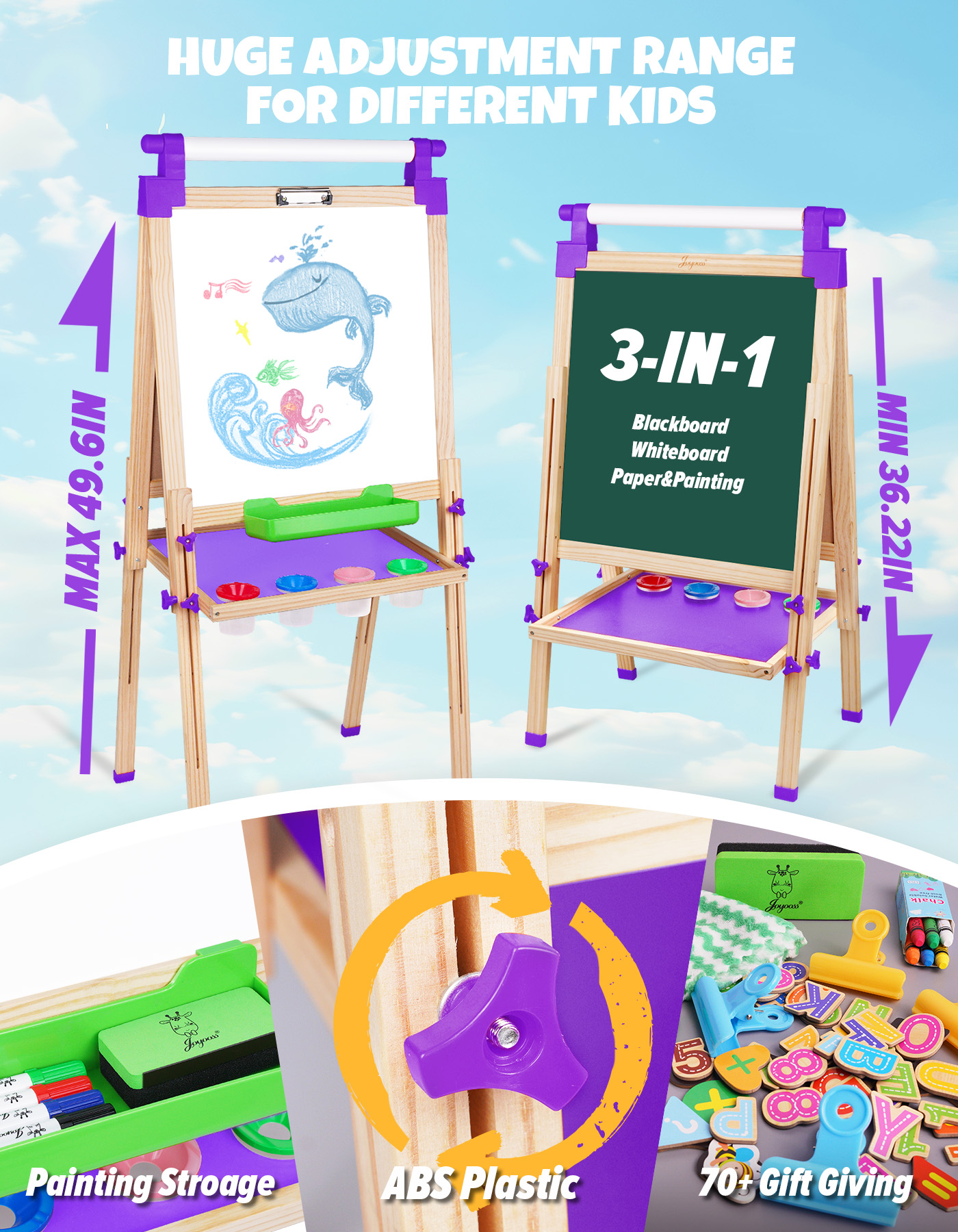 JOYOOSS 36 in - 49 in Adjustable Wood Children's Art Easel with Drawing Paper, Storage Box, Chalk, Markers, Erasers, Magnetic Letters and Math Set