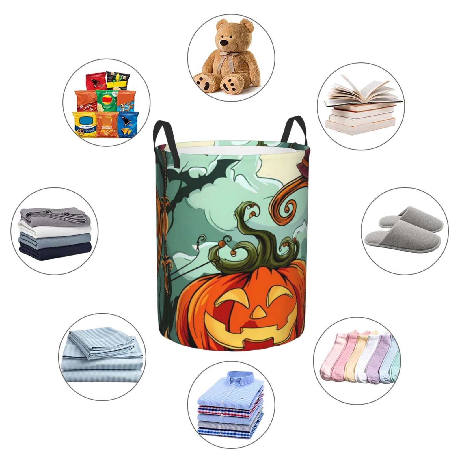 Large Laundry Basket with Handles - Halloween Pumpkin Cartoon Kids Baby Dirty Clothes Laundry Hamper for Bedroom Aesthetic