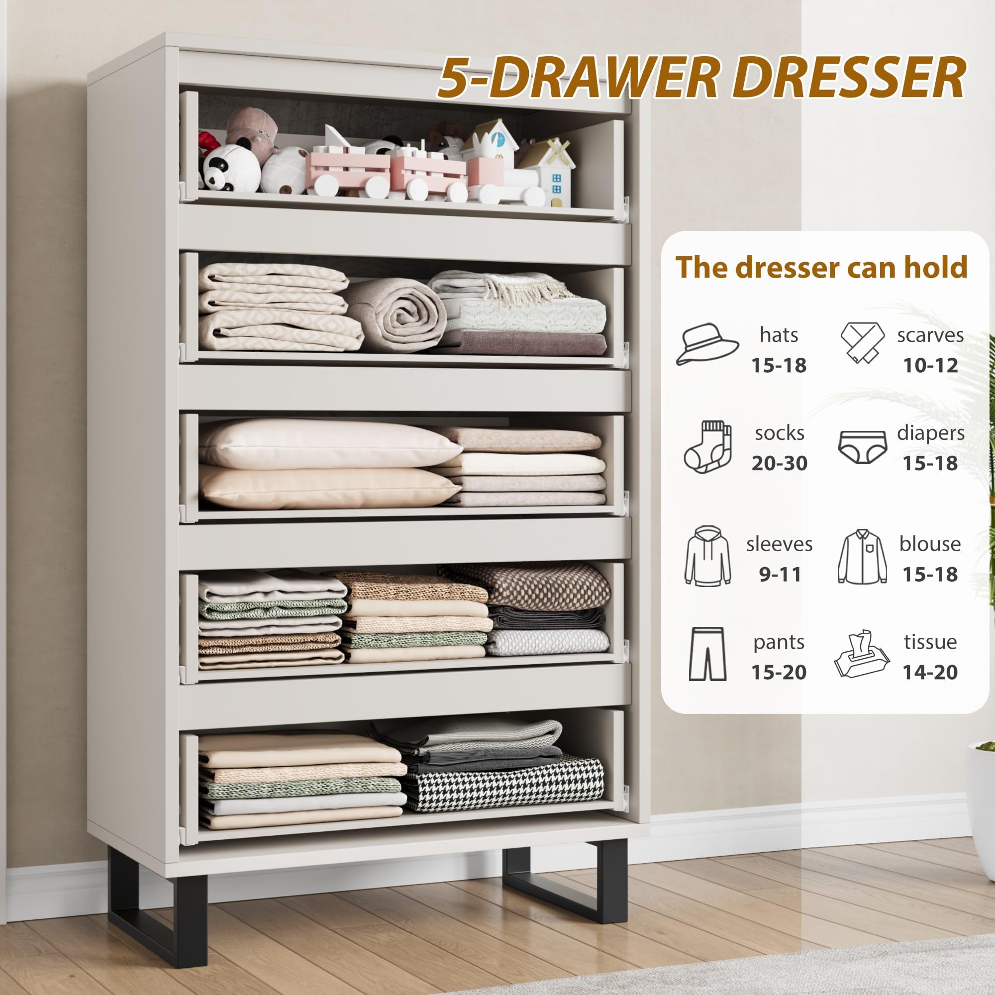 5-Drawer Dresser - Modern Chest with Adjustable Height Base