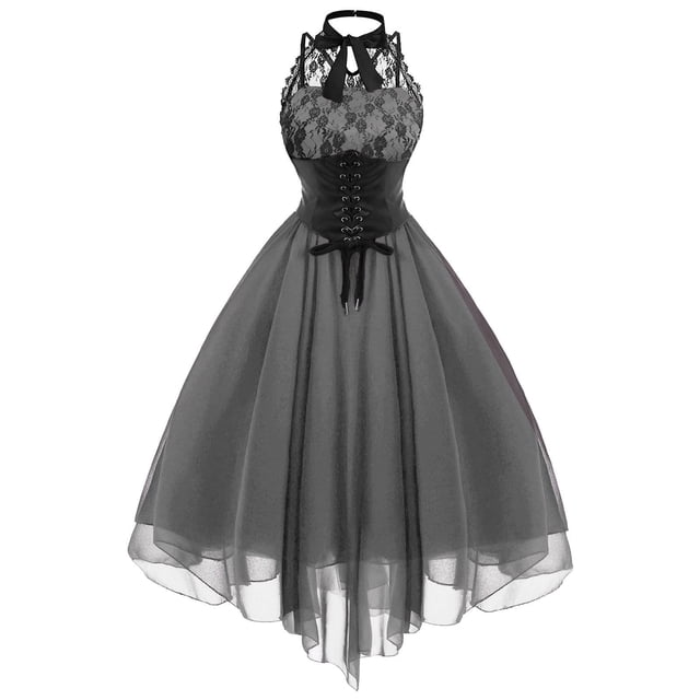 Robes Gothiques pour Femmes Sans Manches Dos Nu en Dentelle Robe Vintage Cocktail Formelle Punk Midi avec Corset
