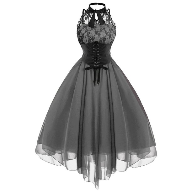 Vestido sin mangas con hombros descubiertos para festival y banquete de cuello redondo Sexy estilo gótico a la moda para mujer vestido de gasa con encaje Fridja hj2728