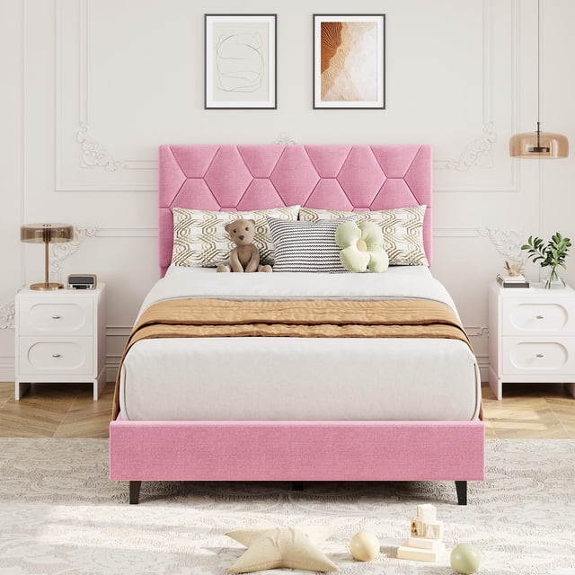 Yeshouse Estructura de cama tapizada con cabecera ajustable, plataforma resistente con soporte de listones de madera resistentes, silenciosa, no requiere somier