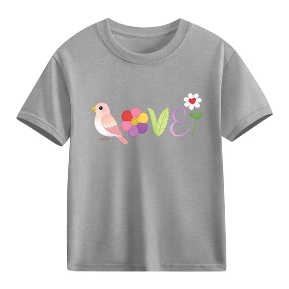 Girls Short Sleeve Cotton T-Shirt Kids Cute Love Bird Floral Graphic Tee Soft Casual Top for Kids Little Big Girls,Size 5 T