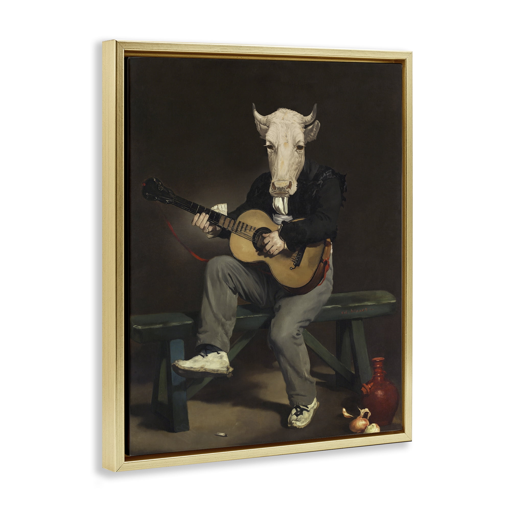 Stupell Industries Cow Playing Guitar Novelty & Humor Painting Gold Floater Framed Canvas Art Print Wall Art, 25 x 31