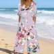 thumbnail image 2 of Pantalones de Vestido Casual para las Mujeres Impresión Floral Manga Corta con Cuello en V Cremallera Lateral Bolsillo Pantalones de Sudadera para Primavera Verano, 2 of 5