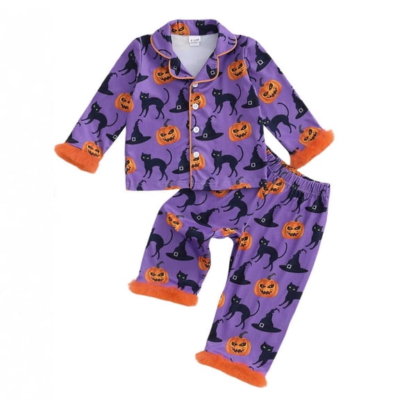 Likimi Toddler Girls Halloween Pajamas Set Long Sleeve Hallowmas Pumpkin Print Lapel Button Down Pjs Tops With Pants Fashion Outfit Set