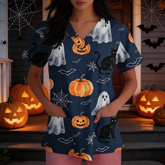 Domuza Halloween Scrubs Shirts for Women Pumpkin Graphic Casual Soft Stretchy Short Sleeve V-Neck Tshirts Breathable Nurse Uniforms Top with Pocket Blue 2XL