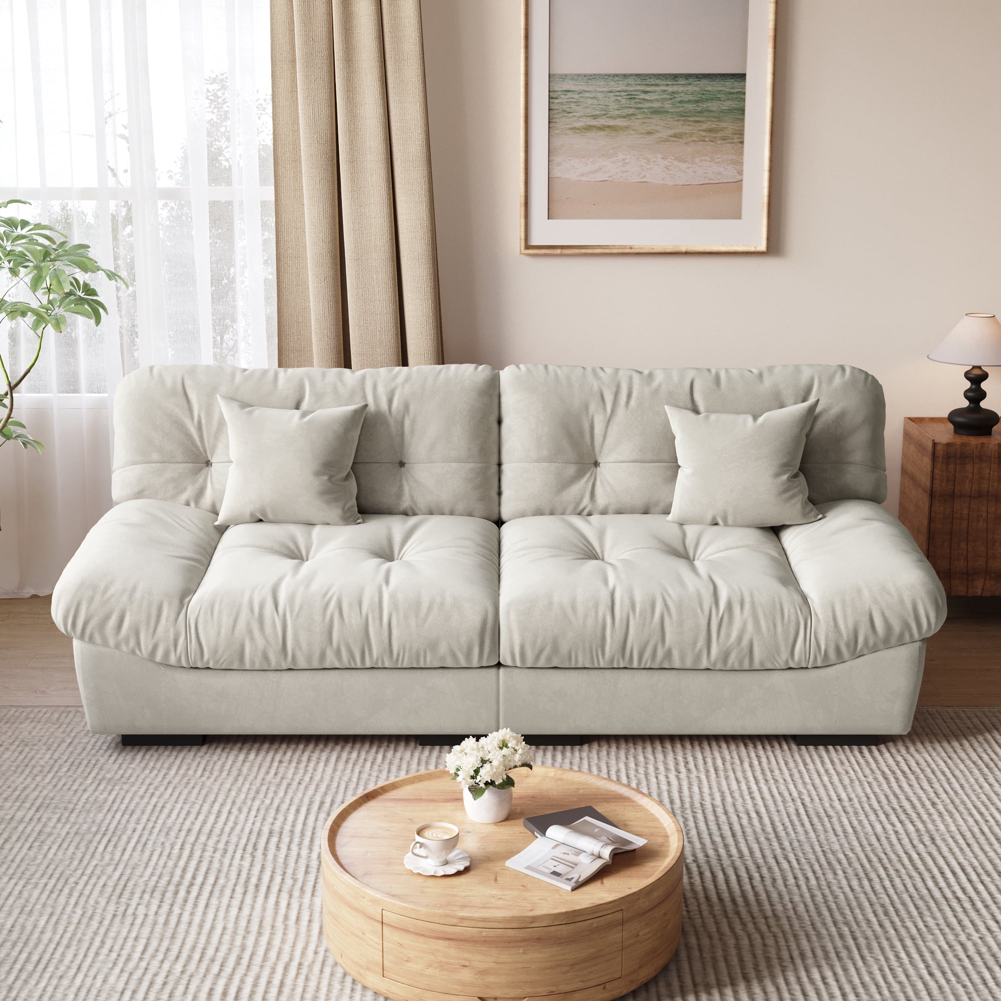 Magic Home 89" Cloud Sofa,Modern Velvet Couch,3-Seat Sofa for Living Room,Apartment and Small Space,Beige