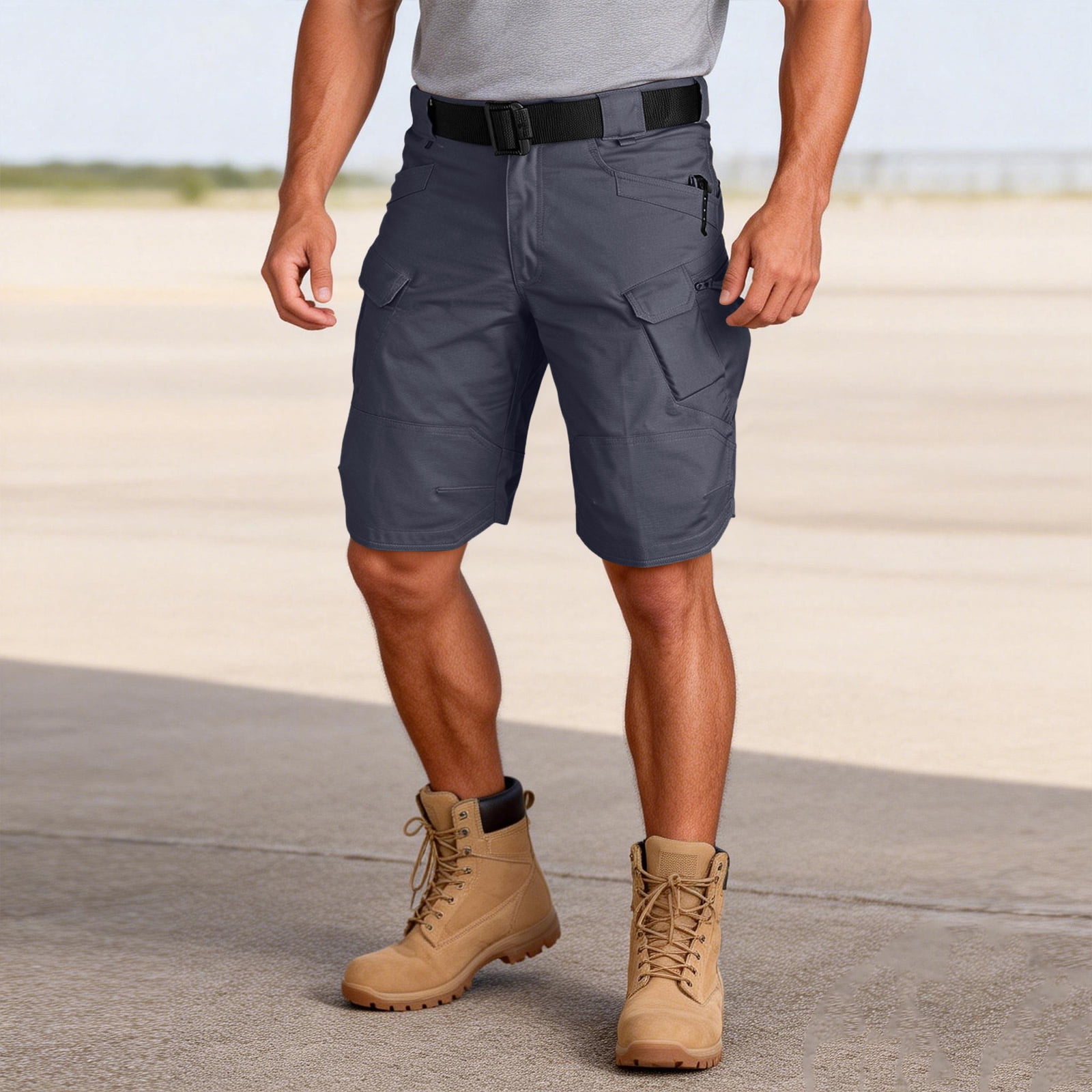 Mens Swim Trunks Men's Casual Resort Tactical Multi-Pocket Cargo Shorts Workwear Utility Crop Pants with Hook and Loop Patches Summer Outdoor Hiking Fishing Shorts Gray M