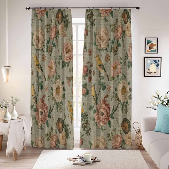 Vintage Spring Floral Blackout Curtains for Bedroom/Living Room, Pinch Pleated Black Out Curtains, Farmhouse Flowers Green Vintage Room Darkening Window Drapes with Hooks 2 Panels, 59"x70"