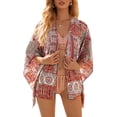 thumbnail image 2 of Blusa de mujer con estampado bohemio, cubierta corta para la playa, top de kimono a prueba de sol, rosa, S Kearding AP001231-01, 2 of 7