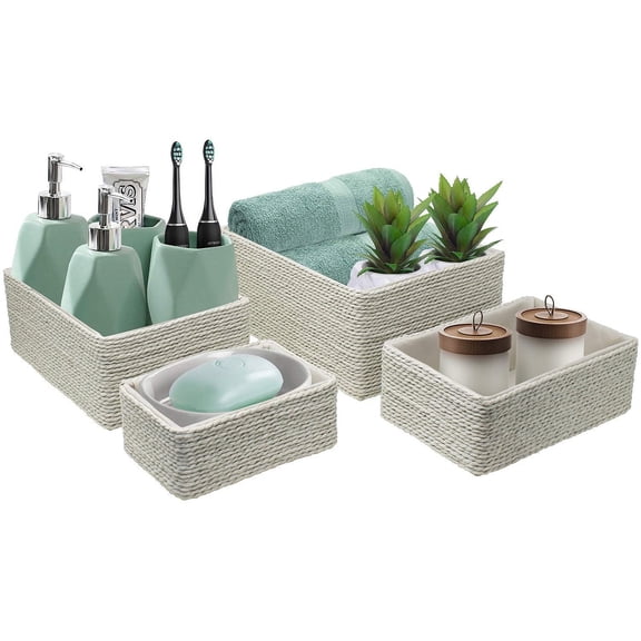 Sorbus Storage Baskets 4-Piece Set - Stackable Woven Basket Paper Rope Bin Boxes for Makeup, Bathroom, Office Supplies, Bedroom, Closet (Beige)
