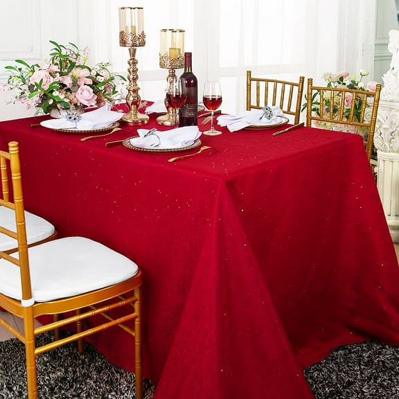 Wedding Linens Inc. 90"x156" Rectangular Paillette Poly Flax / Burlap Tablecloths - Apple Red