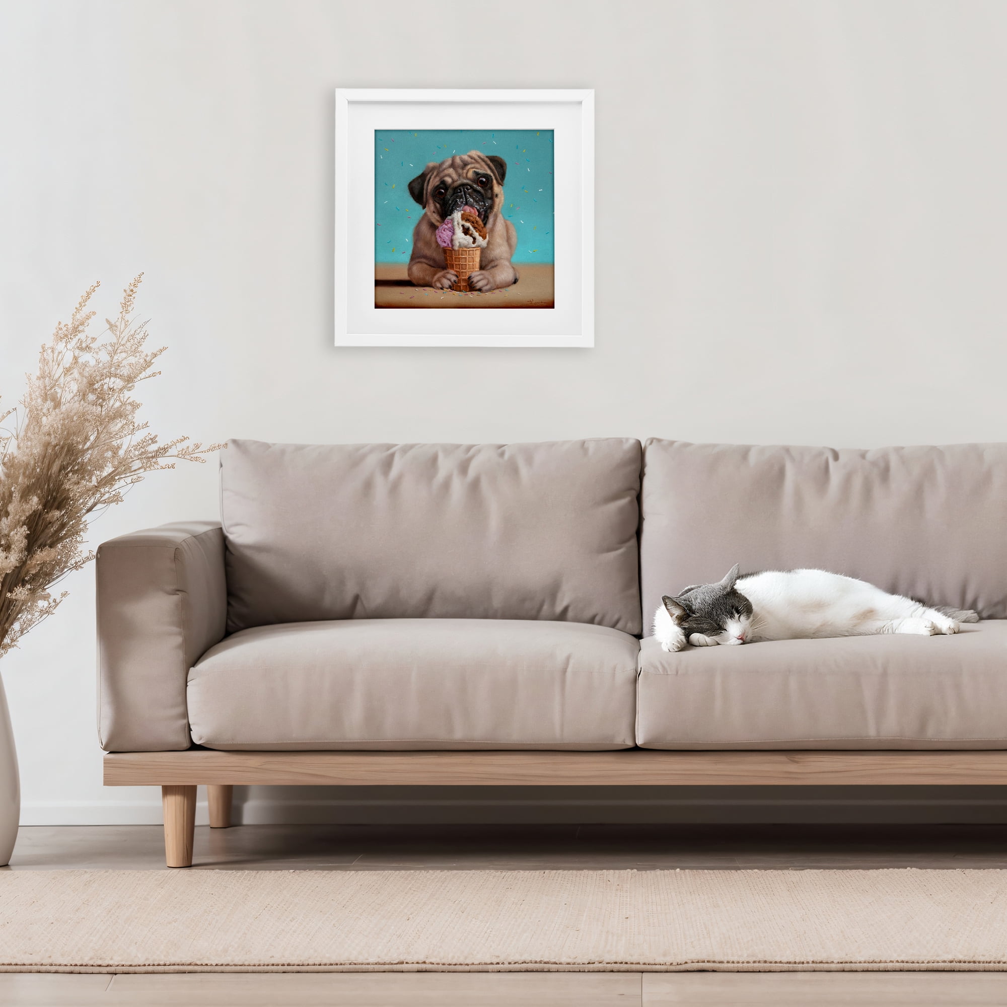 Neapawlitan Ice Cream & Dog White Framed Print Under Glass, design by Lucia Heffernan