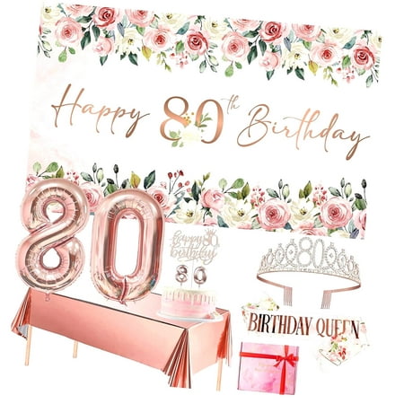 SKYSONIC 25th Birthday Party Decor Set for Women, Rose 25 Banner and Tablecloth, Fabulous at 25 Sash and Tiara, Happy 25th Birthday Cake Topper, 25 Number Balloons