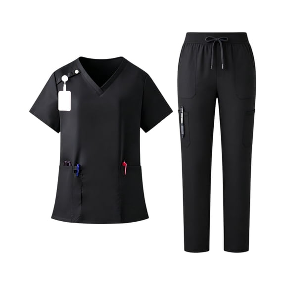 Womens Scrub Set Stretch Short Sleeve Top and Jogger Pants Two Piece Medical Uniform Hospital Nurse Scrubs Dental Clinic Uniform Set with Multi Pockets, Black, L