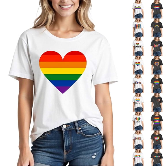 Frostluinai Love T Shirts for Women Rainbow Short Sleeve Crew Neck Tops Lightweight Summer Graphic Tees Gifts