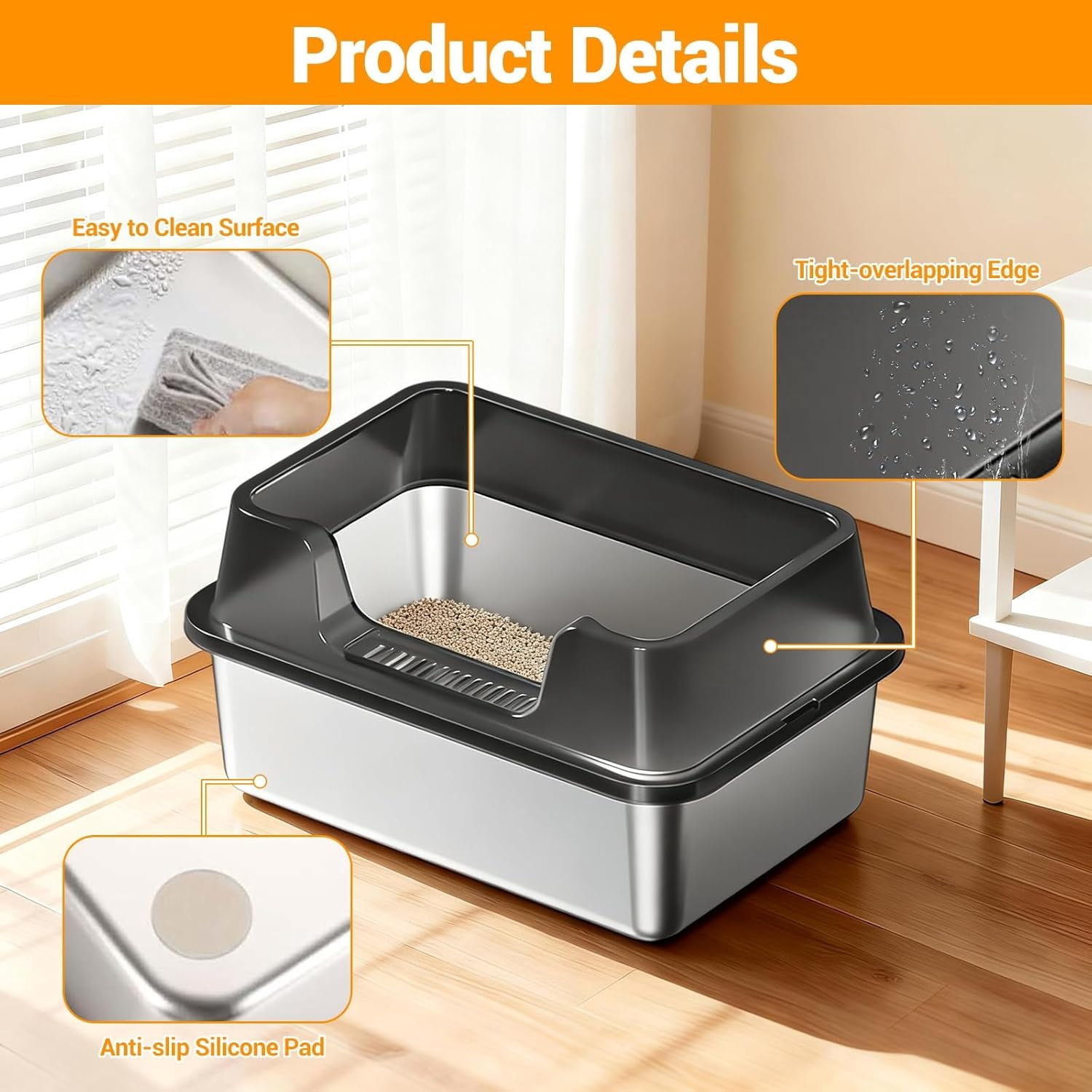 Gaderth Stainless Steel Litter Box, Enclosed Metal Litter Pan Tray with Lid for Big Cats and Multi-Cats, High Wall Sides Enclosure, Anti-Urine Leakage Non-Stick Bottom Include Scoop Easy to Clean