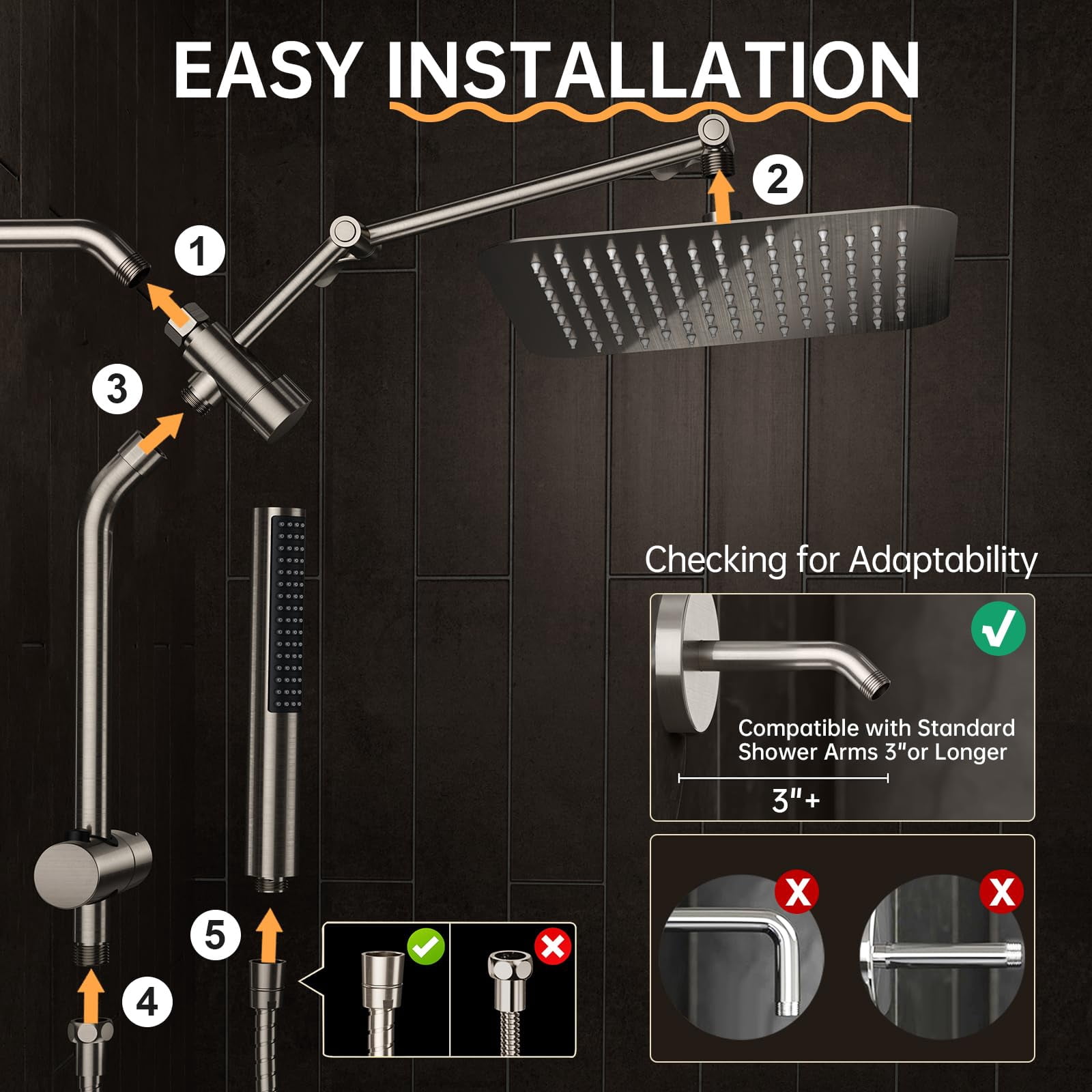 10" Luxurious Brushed Nickel All Metal Rain Shower Head With Handheld Spray Combo  High Rainfall Square Heads Extension Arm Wide Dual Showerhead Bathroom Accessories